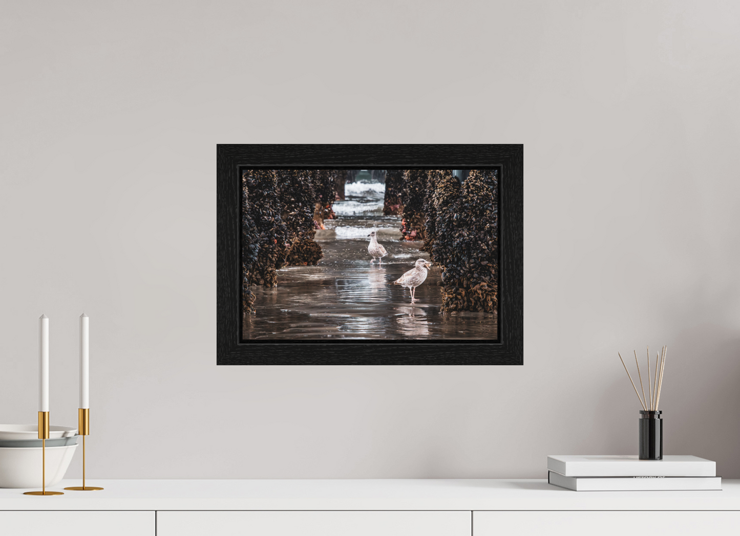 15 x 10″, Black Oak Wooden Flame under Acrylic Glass Under the Oceanside Pier
