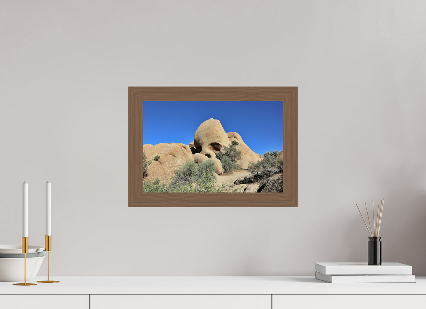 15 x 10″, Walnut Wooden Frame under Acrylic Glass Skull Rock