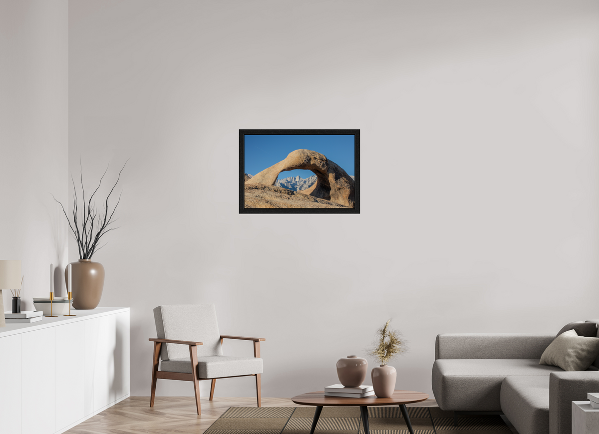 30 x 20″, Black Oak Wooden Flame under Acrylic Glass Mobius Arch in the Alabama Hills