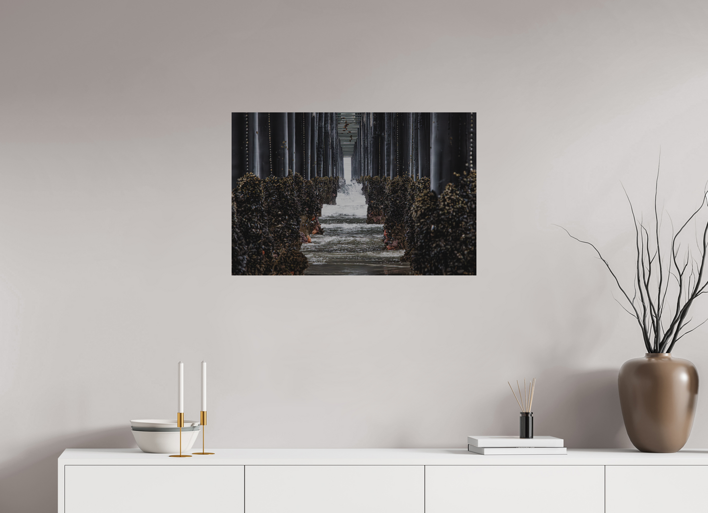 30 x 20″, Direct Print on Brushed Aluminum Under the Oceanside Pier