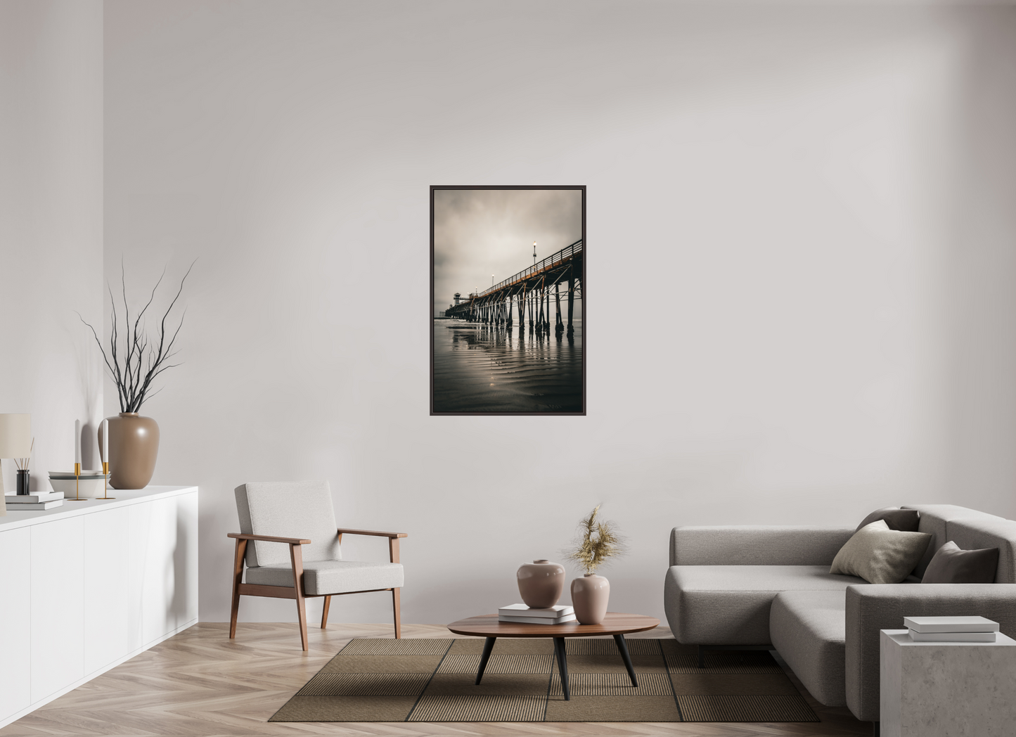 30 x 45″, Alder Brown Wooden Floater Frame Oceanside Pier in the Morning