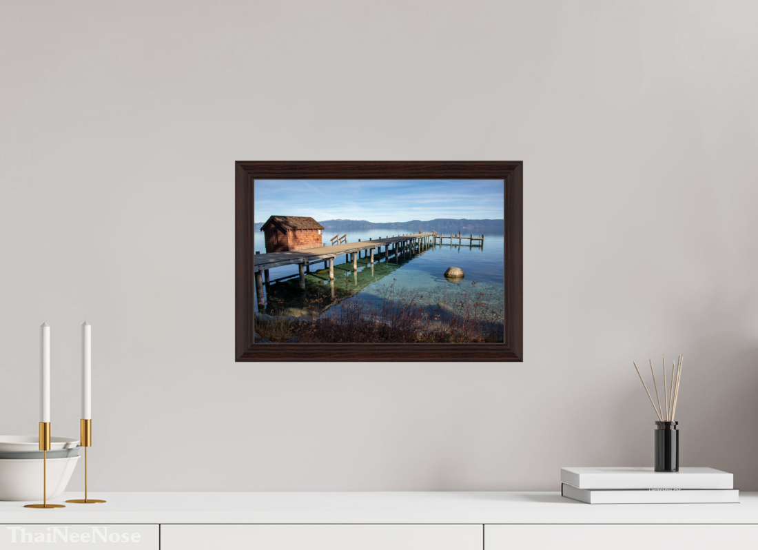 15 x 10″, Dark Brown Wooden Flame under Acrylic glass Lake Tahoe on the West Side