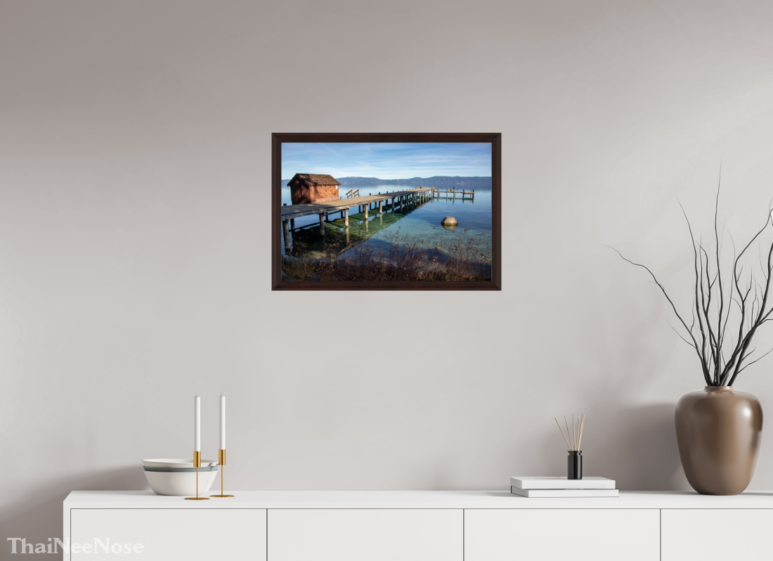 24 x 16″, Dark Brown Wooden Flame under Acrylic glass Lake Tahoe on the West Side