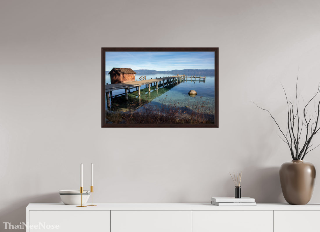 30 x 20″, Dark Brown Wooden Flame under Acrylic glass Lake Tahoe on the West Side