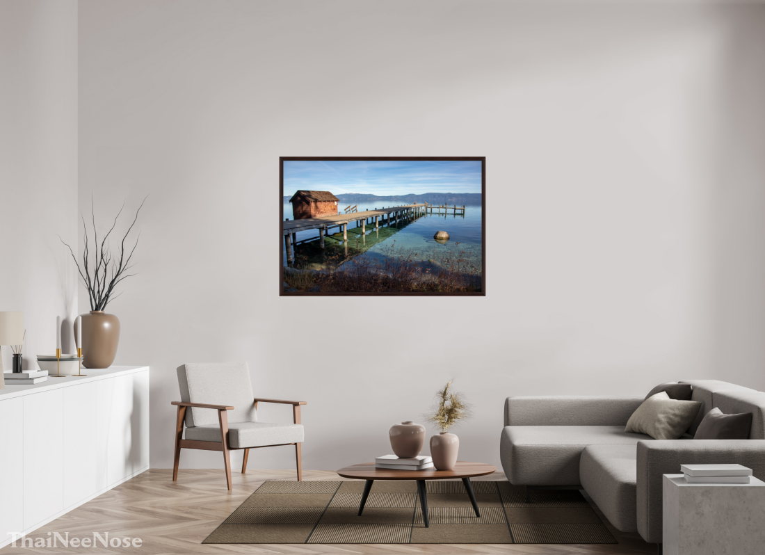 54 x 36″, Dark Brown Wooden Flame under Acrylic glass Lake Tahoe on the West Side